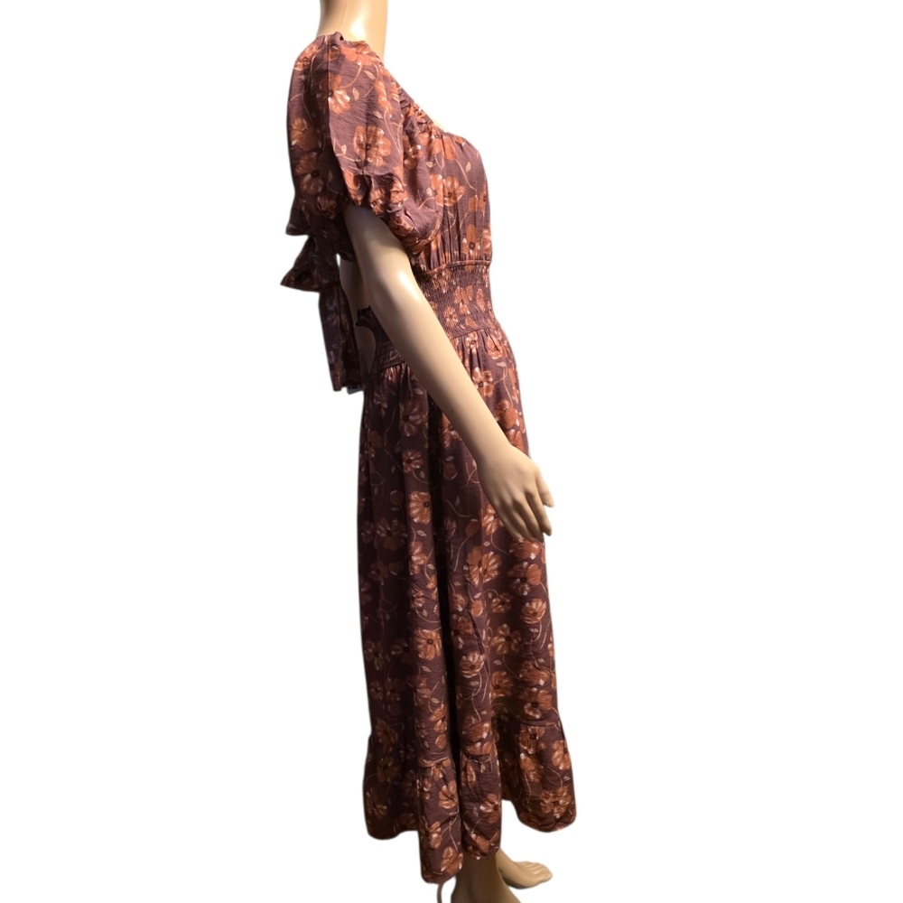 Floral Puff Sleeve Smocked Waist Midi Dress Size XL - Picture 3 of 12